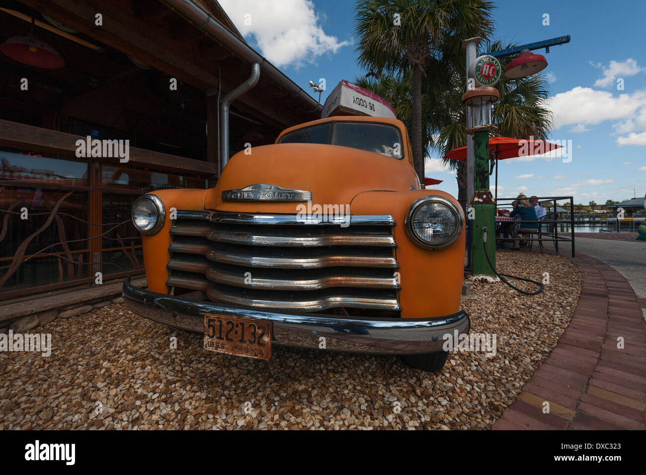Cody's Roadhouse Restaurant  at Sumter Landing in the Villages Florida using an Antique Ford Truck for advertisement. Stock Photo
