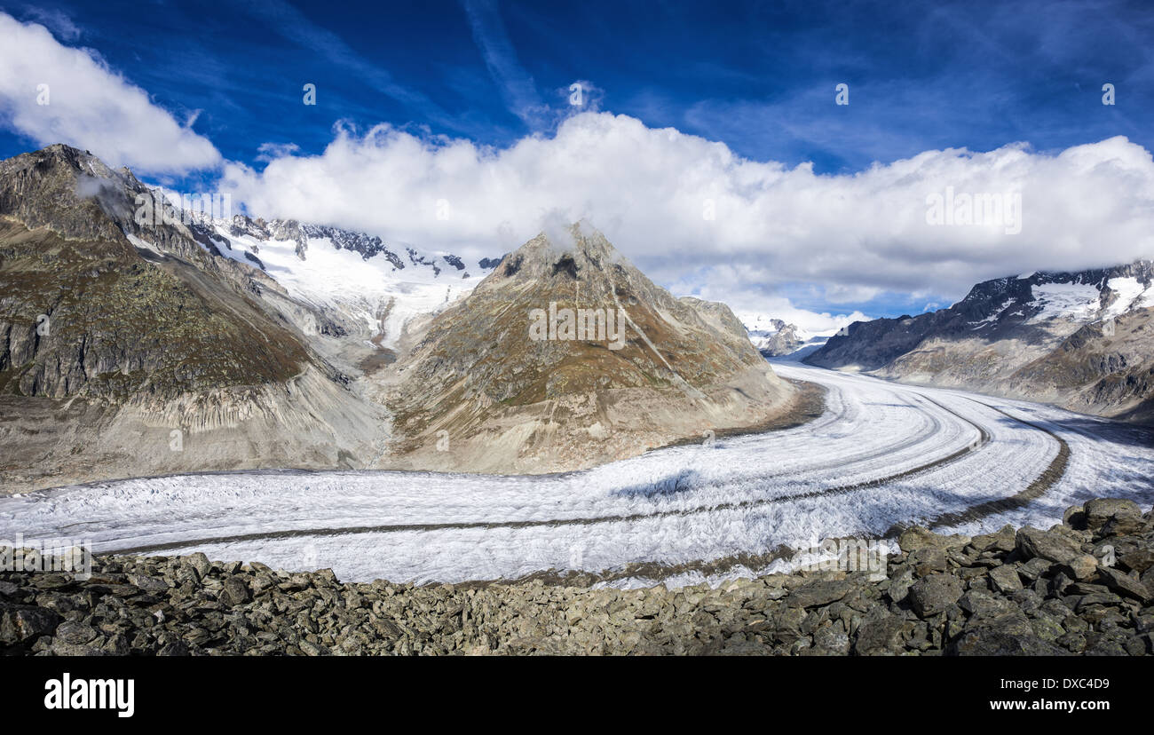 Great Aletsch Glacier on a sunny summer day, Valais, Swiss Alps, Switzerland, Europe Stock Photo