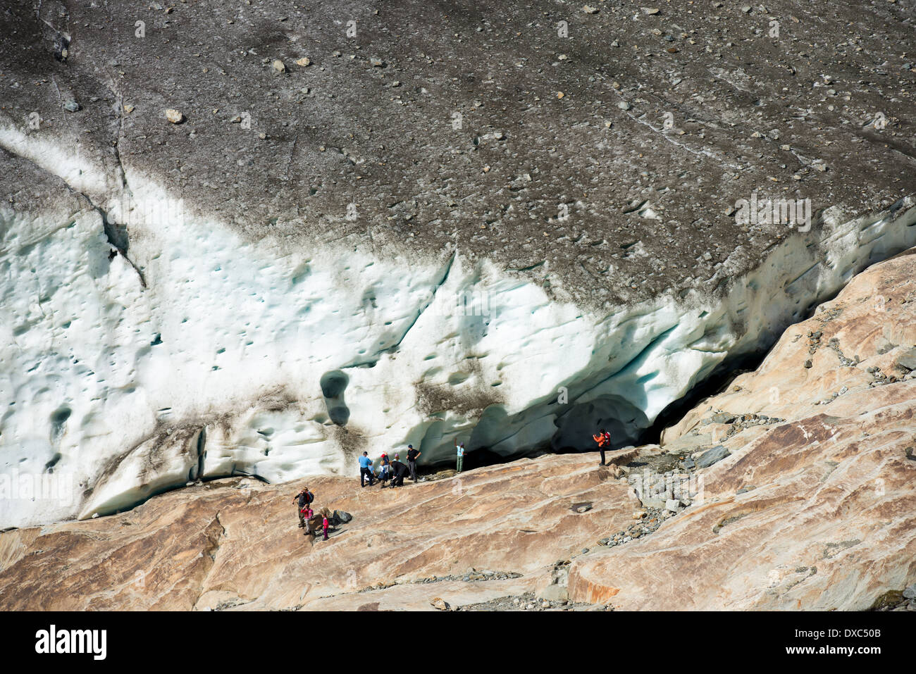 People at Aletsch Glacier, Valais, Swiss Alps, Switzerland, Europe Stock Photo