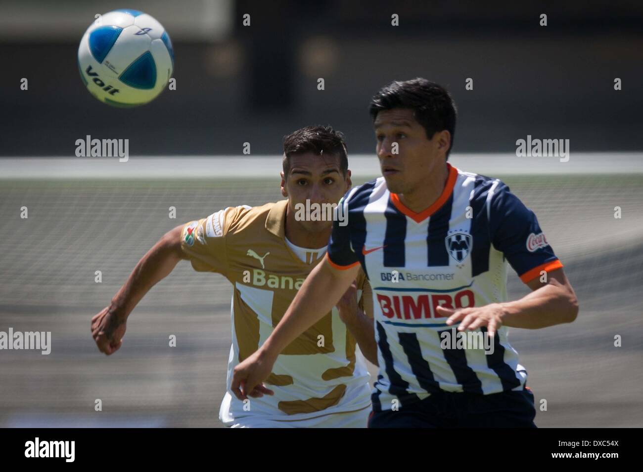 Mexico City, Mexico. 23rd Mar, 2014. Ismael Sosa (L) of UNAM's Pumas vies for the ball with Ricardo Osorio of Monterrey during a match of the 2014 MX League Closing Tournament at University Olympic Stadium in Mexico City, capital of Mexico, on March 23, 2014. © Pedro Mera/Xinhua/Alamy Live News Stock Photo