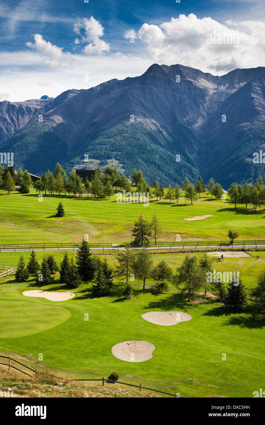 Golf course Riederalp, Valais, Swiss Alps, Switzerland, Europe Stock Photo