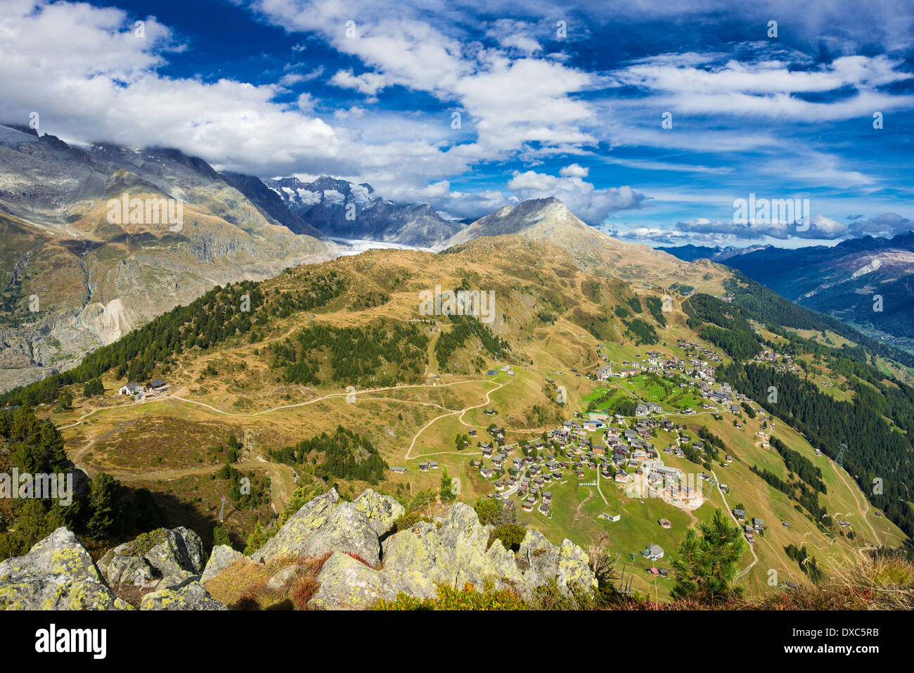 View from mountain Riederfurka towards Riederalp, Aletsch Forest and Aletsch Glacier, Valais, Swiss Alps, Switzerland, Europe Stock Photo