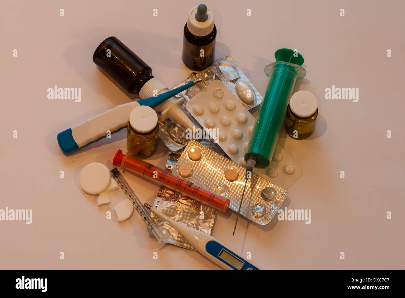 Pill box, drop dispenser, syringe, tablets and the like Stock Photo Alamy