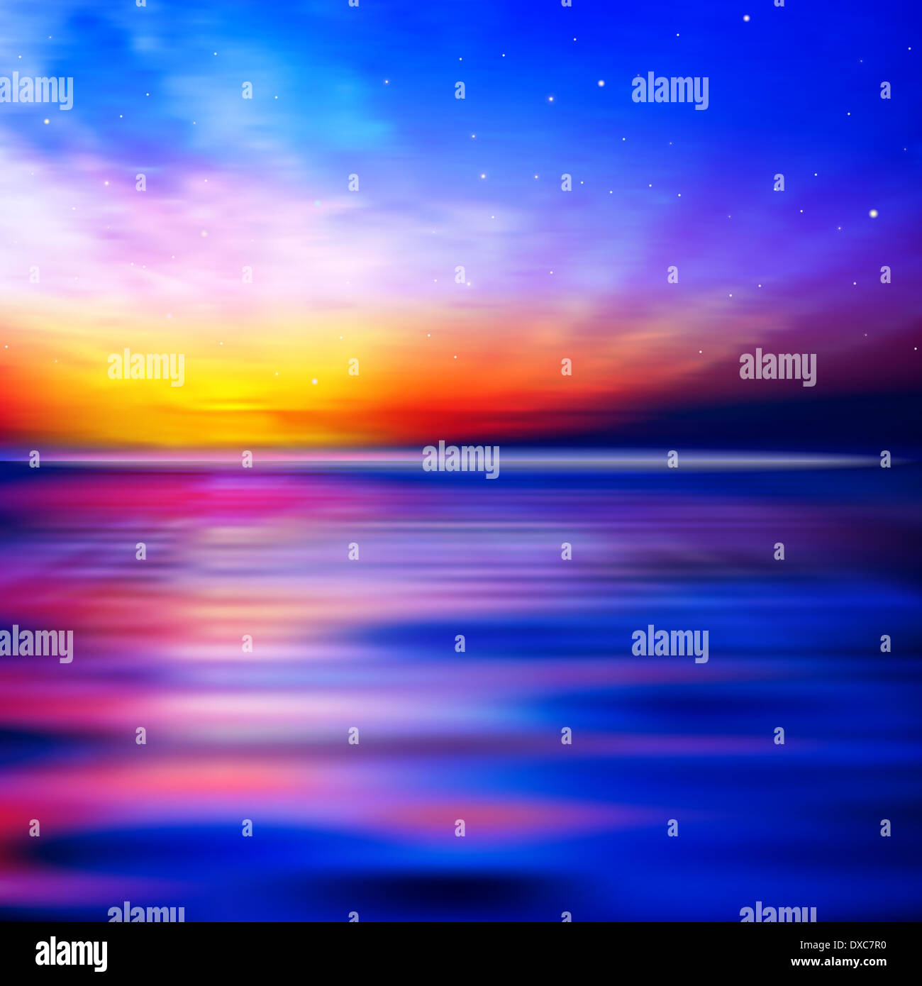 abstract blue nature background with ocean sunset clouds and stars