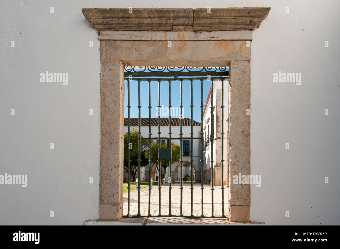 wrought iron gate in the old town of faro Stock Photo