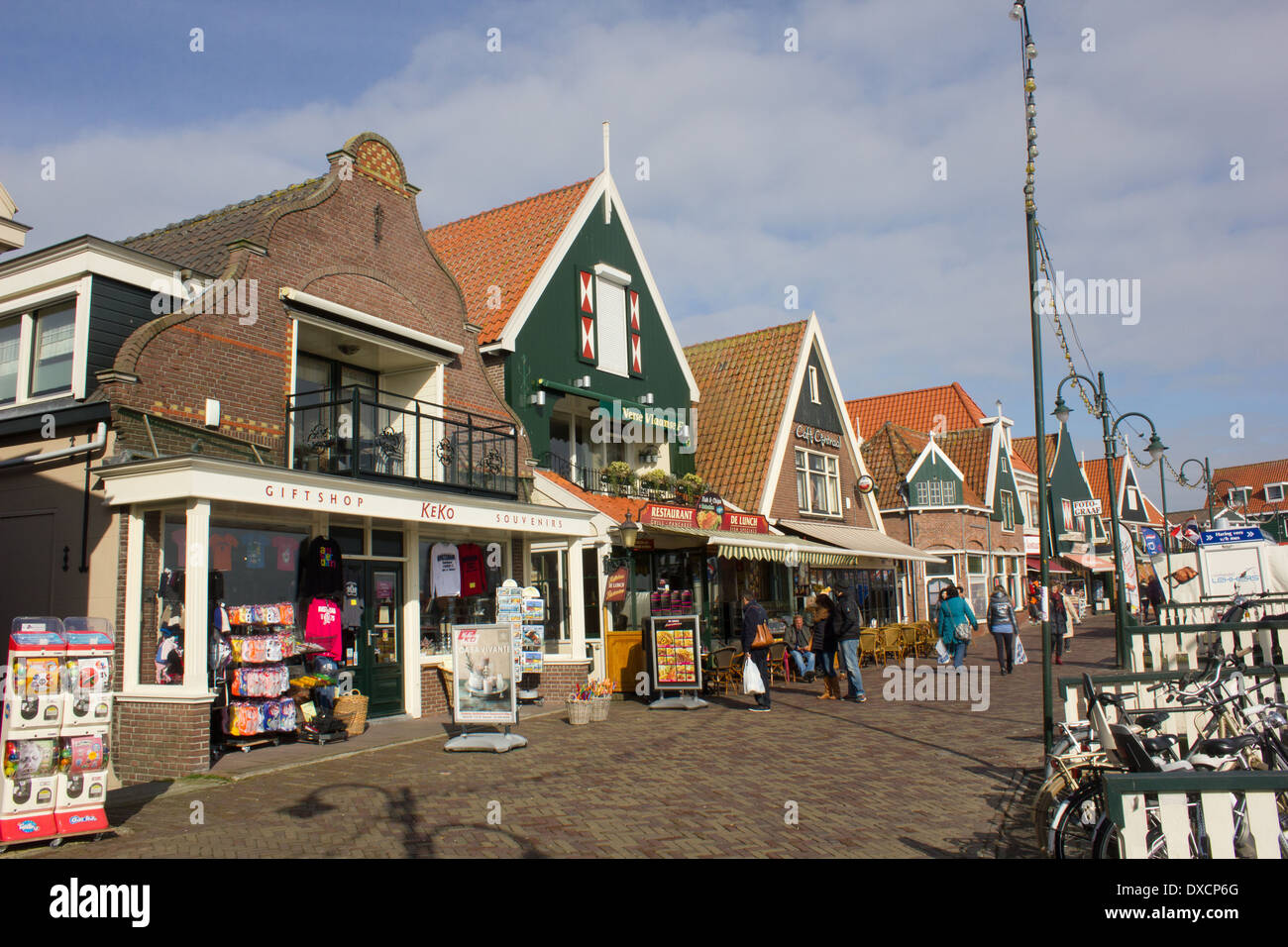 Volendam harbour front with traditional dutch style shops and restaurants Stock Photo