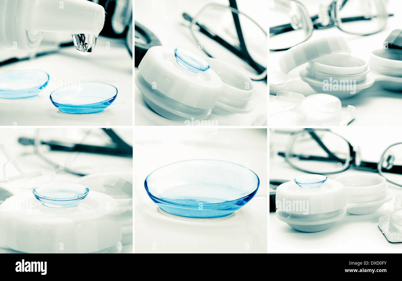 swt of green contact lenses in container with solution. Stock Photo
