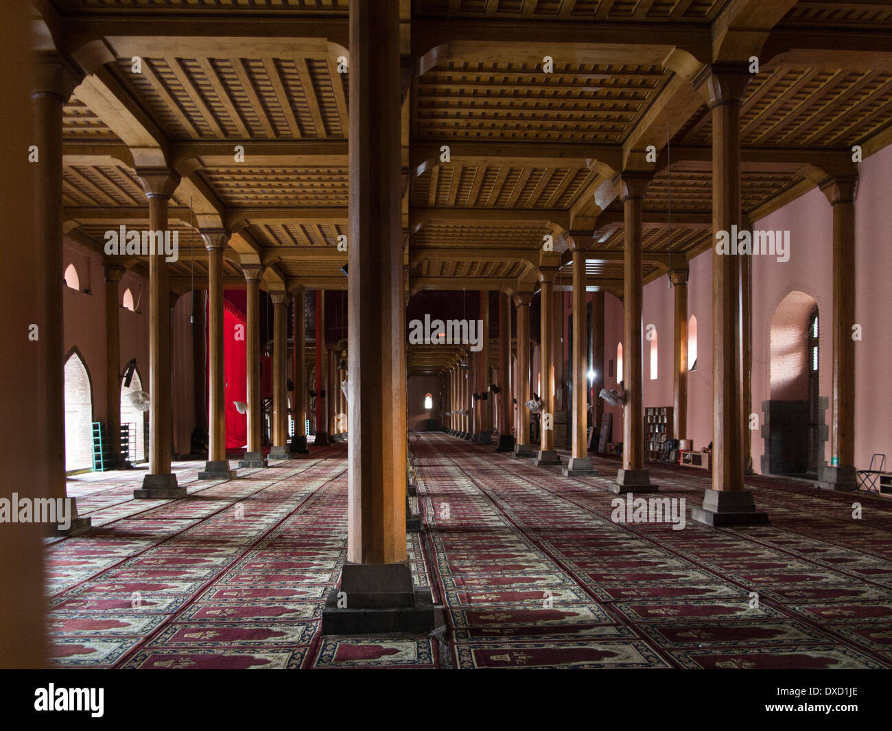 India, Kashmir, Srinagar, cedar pillars of historic Jamia Masjid mosque interior, built 1394 Stock Photo