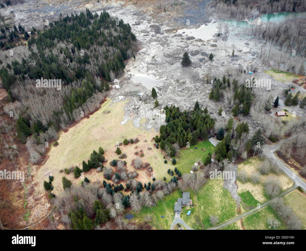 Aerial view of the hill that gave way into the Stillaguamish River burying State Route 530 and causing a massive mudslide killing at least eight people and destroying a small riverside village in northwestern Washington state March 22, 2014 in Oso, Washington. Stock Photo