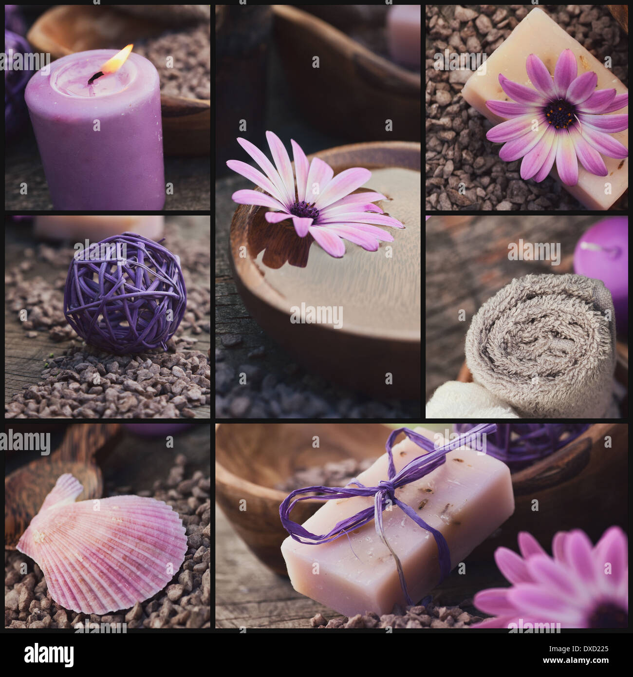 Spa collage series. Wellness collage. Floral water, bath salt, candles and towel. Cosmetics Stock Photo