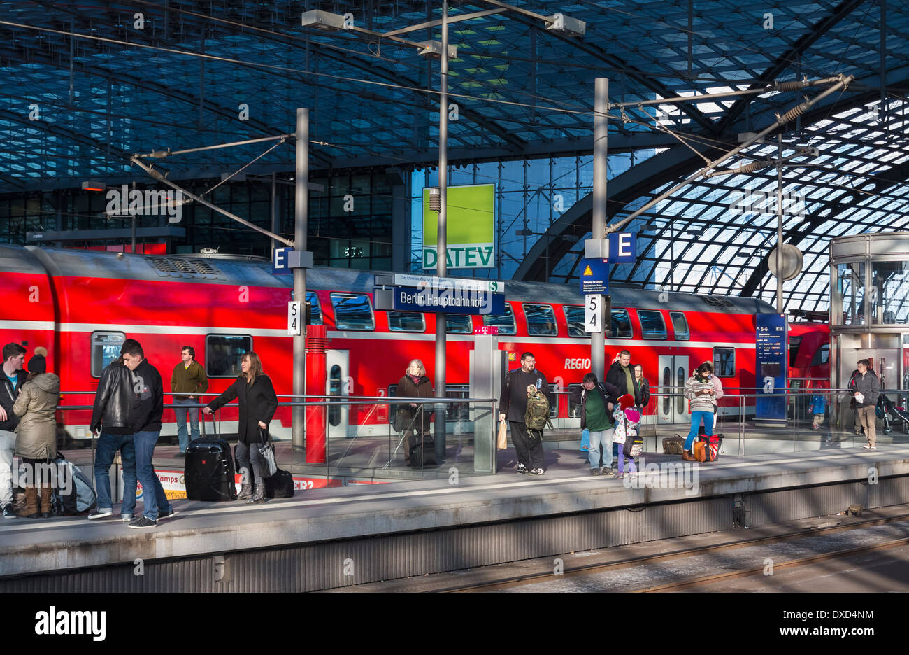 Train station platform in Hauptbahnhof railway station, Berlin, Germany, Europe Stock Photo