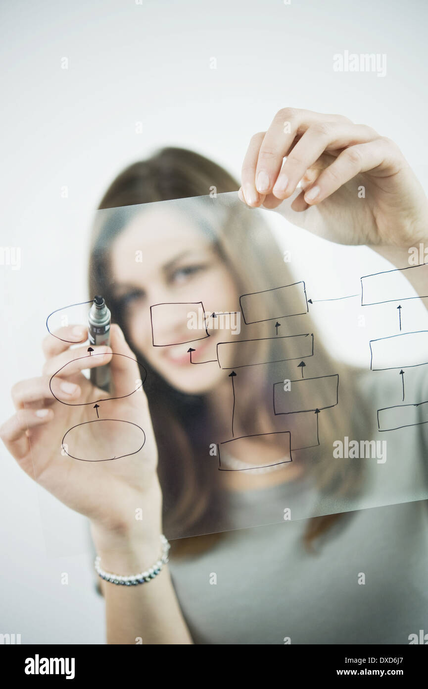 Businesswoman holding flow chart transparency Stock Photo - Alamy