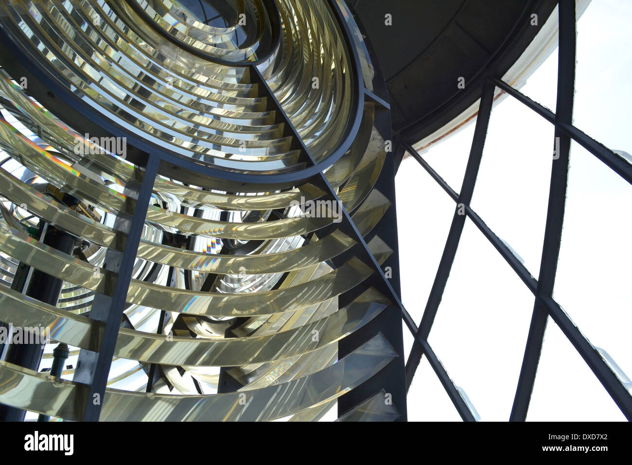 Fresnel lens on the lamp at the Lizard Lighthouse, Cornwall, England. Stock Photo