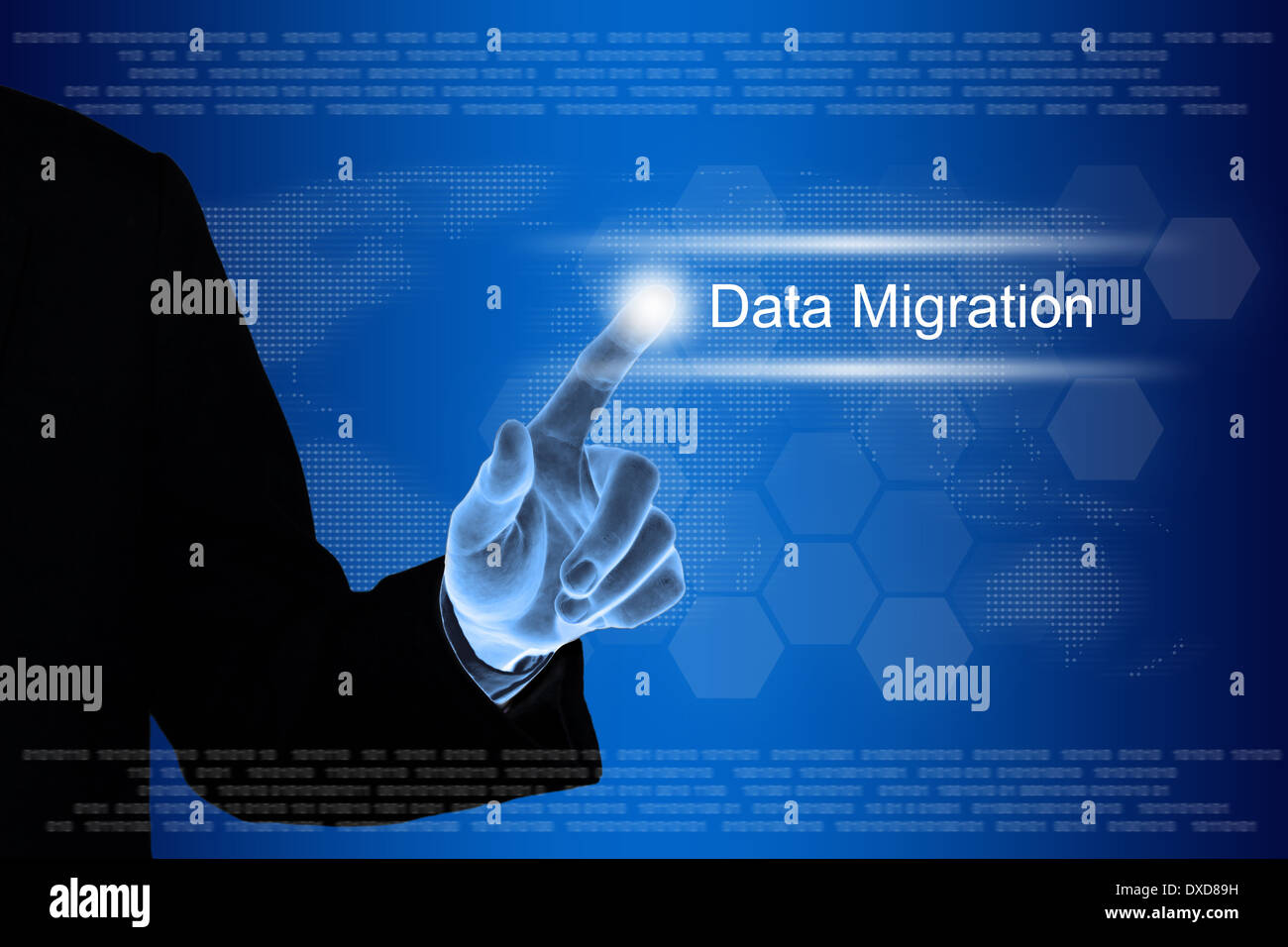 business hand pushing data migration button on a touch screen interface Stock Photo