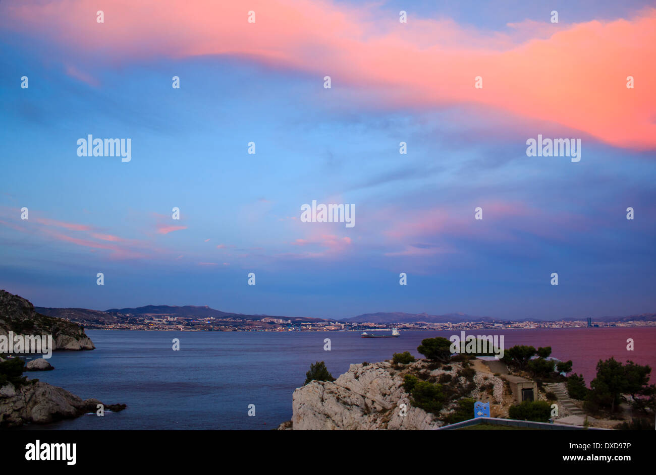 View at the sea by sunset in Niolon, small town near Marseilles in France. Place is called as well The Blue Coast calanques. Stock Photo