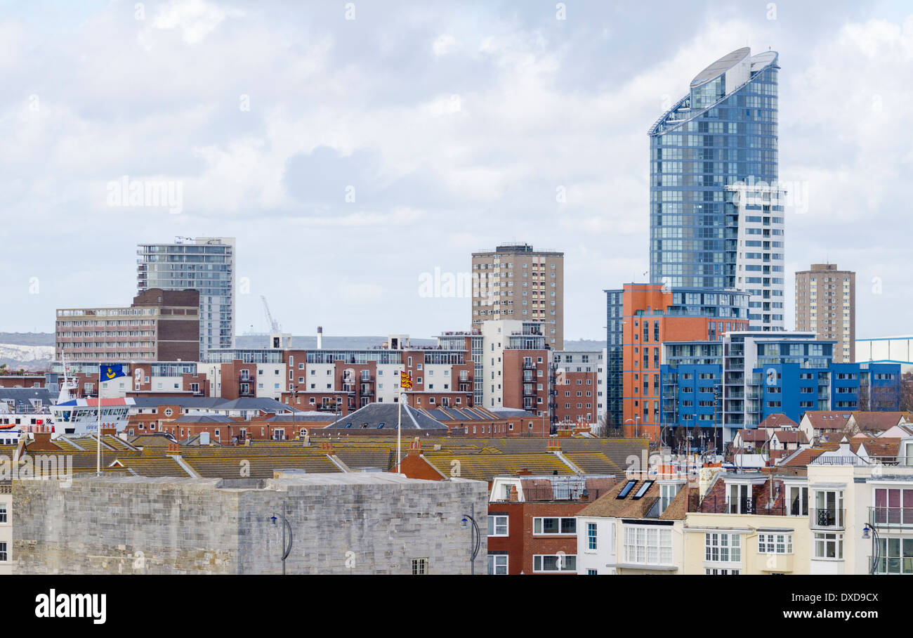 Gunwharf Quays skyscraper and other buildings in Portsmouth, Hampshire, England, UK. Stock Photo