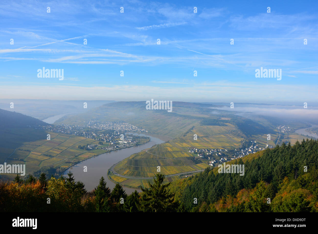 Moselle river valley vineyard landscape with blue sky Germany Blick auf die Mosel Mosellscheife Fünf-Seen-Blick Detzem Stock Photo