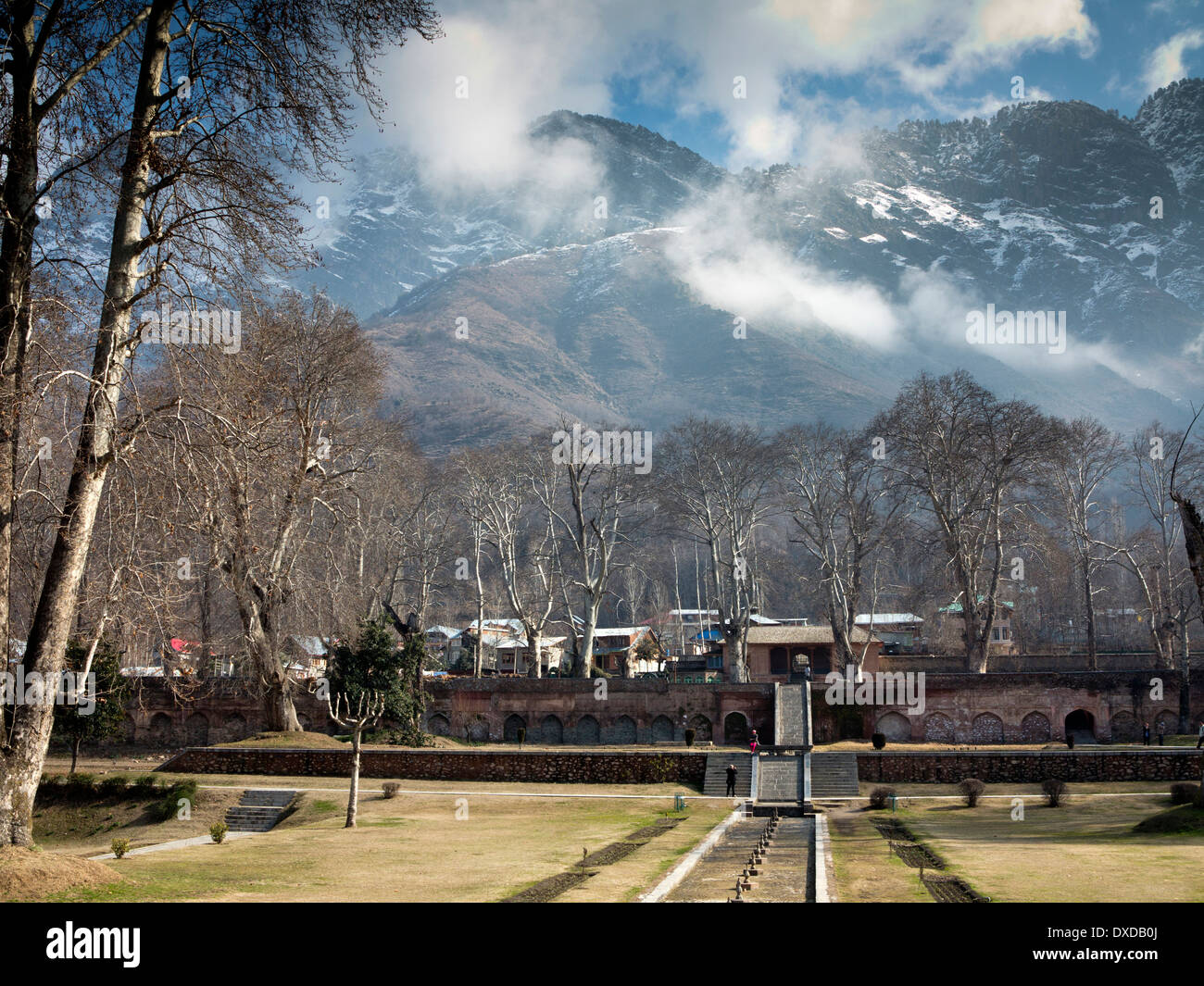 India, Kashmir, Srinagar, Nishat Bagh, Garden of Joy with snow capped Zabarwan mountains Stock Photo