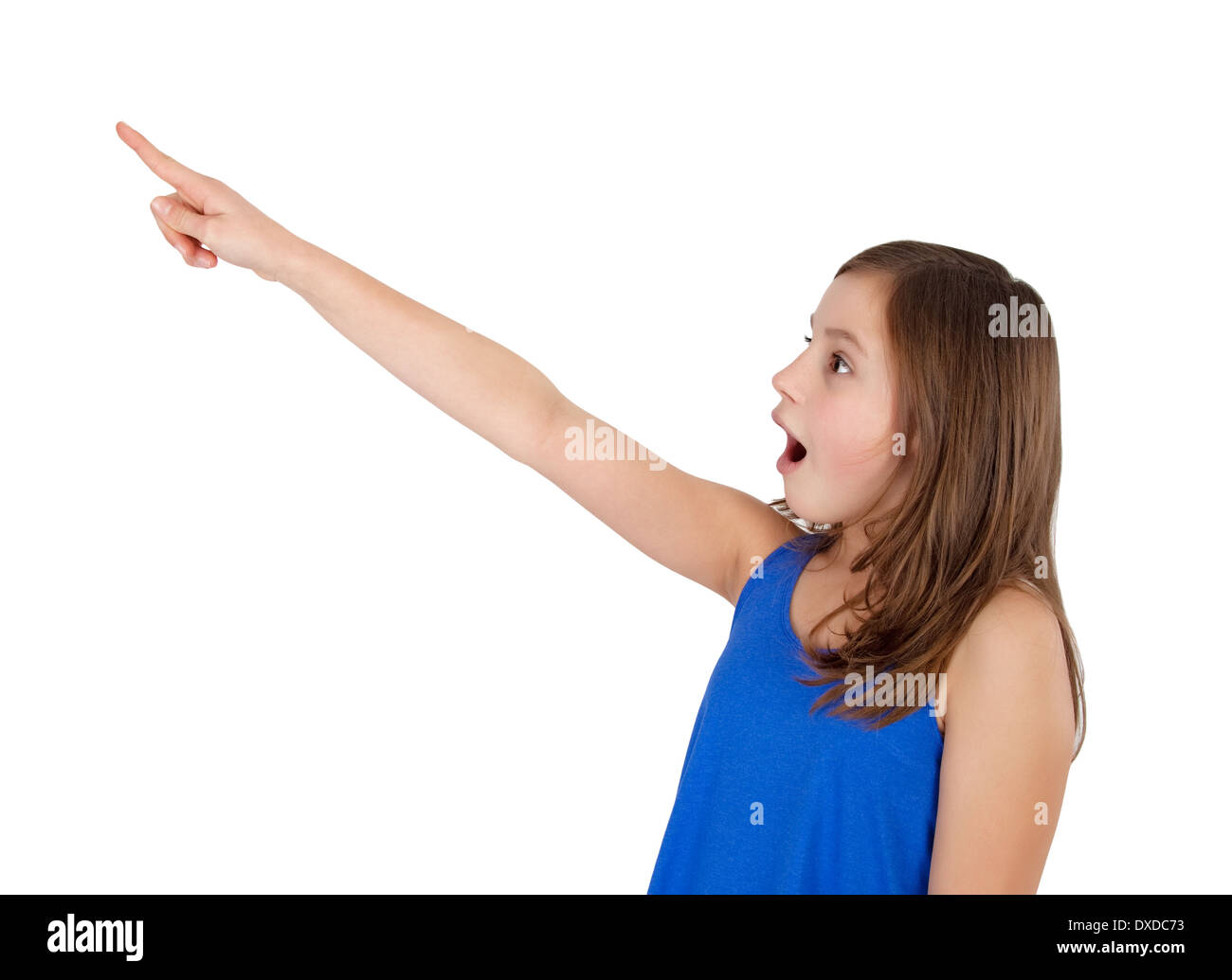 young girl pointing up isolated on white Stock Photo