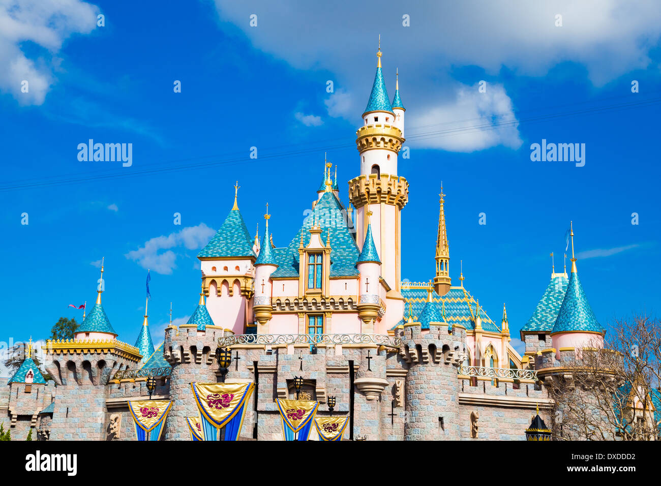 Anaheim, California, USA - February 4, 2014: Disneyland pink castle has become an iconic landmark representing the Disney park. Stock Photo