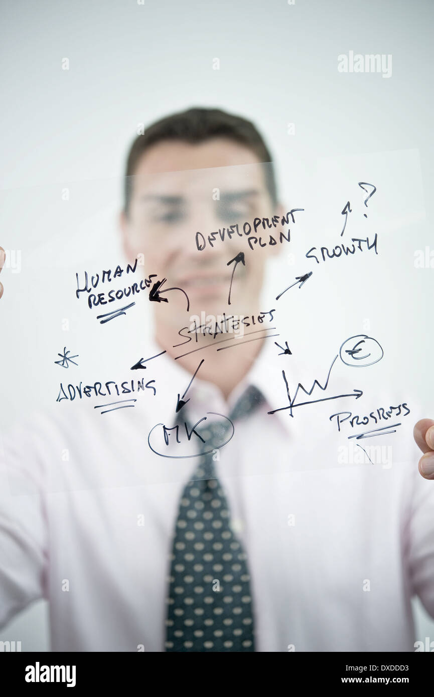 Businessman holding flow chart transparency Stock Photo - Alamy