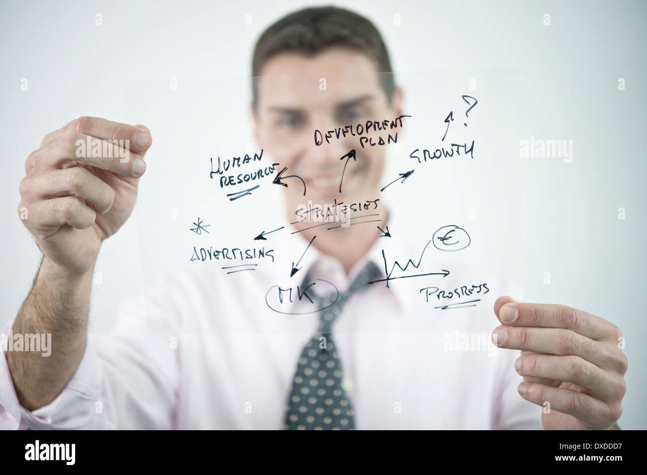 Businessman holding flow chart transparency Stock Photo - Alamy