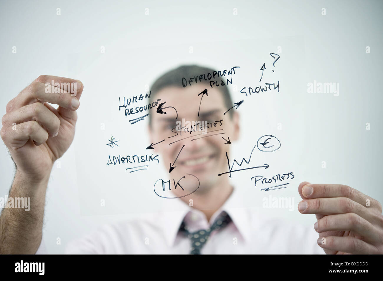 Businessman holding flow chart transparency Stock Photo - Alamy