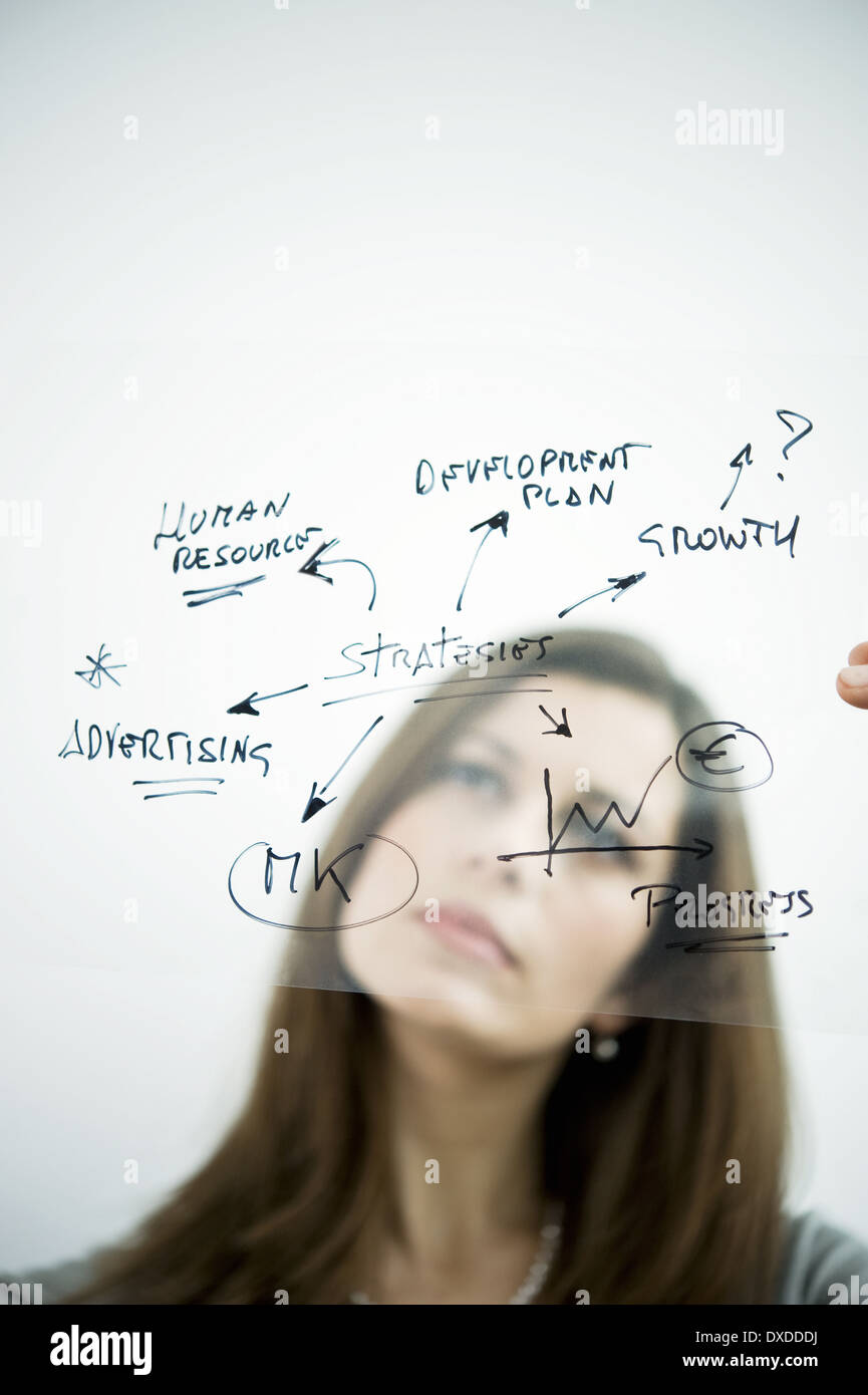 Businesswoman holding flow chart transparency Stock Photo - Alamy