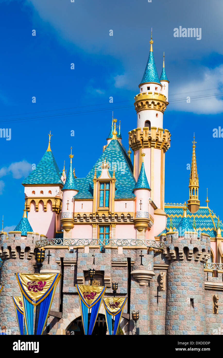 Anaheim, California, USA - February 4, 2014: Disneyland pink castle has become an iconic landmark representing the Disney park. Stock Photo