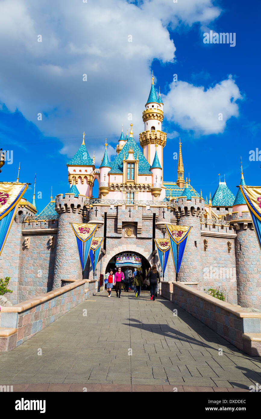 Anaheim, California, USA - February 4, 2014: Disneyland's pink castle has become an iconic landmark representing the Disney park Stock Photo