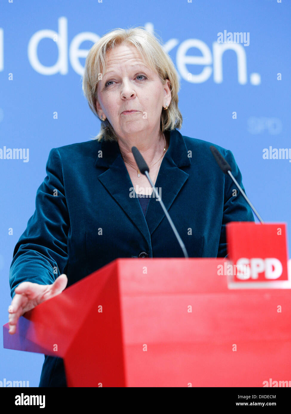 Berlin, Germany. 24th Mar, 2014. Statement on energy policy with Sigmar Gabriel, SPD Chief and Miniter of Economy, and Hannelore Kraft, Minister-President of North Rhine-Westphalia, and Malu Dreyer, Minister-President of Rhineland-Palatinate, and the Deputy Prime Minister of Baden-WÃƒÂ¼rttemberg Nils Schmid at Willy-Brandt-Haus in Berlin./Picture: Hannelore Kraft, Minister-President of North Rhine-Westphali. Credit:  Reynaldo Paganelli/NurPhoto/ZUMAPRESS.com/Alamy Live News Stock Photo