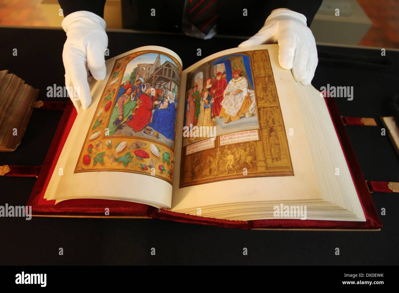 Mainz, Germany. 24th Mar, 2014. A man leafs through the pages of the facsimile of 'Brevarium Grimani' at the exhibition Princes of the Church, Art Patrons, Codices at Martinus Library in Mainz, Germany, 24 March 2014. The exhibition runs from 25 March till 25 April and will exhibit true to the original copies of the so-called 'Brevarium Grimani', which is cosidered a masterpiece of the Ghent-Bruges school of book painting and which was the prayer book of Albert of Mainz. Photo: FREDRIK VON ERICHSEN/DPA/Alamy Live News Stock Photo