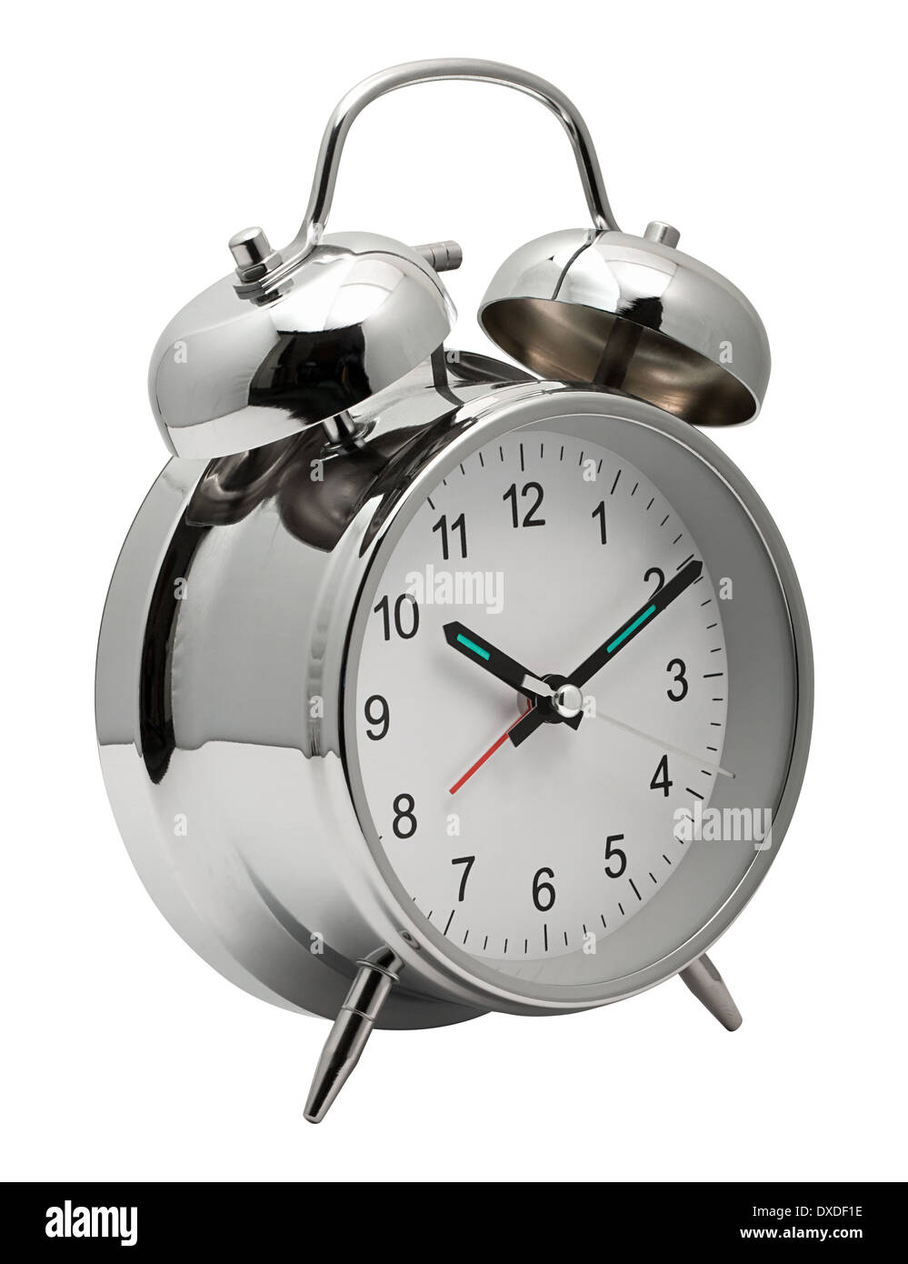 Classic silver chrome Clock with Alarm bells on top to get you out of bed Stock Photo