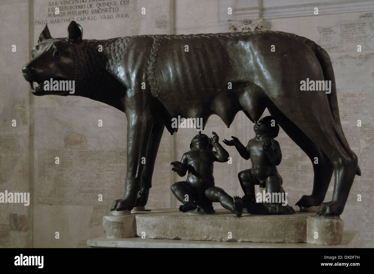 The Capitoline Wolf (Lupa Capitolina). Bronze sculpture of a she-wolf showing Romulus and Remus as suckling infants. Stock Photo
