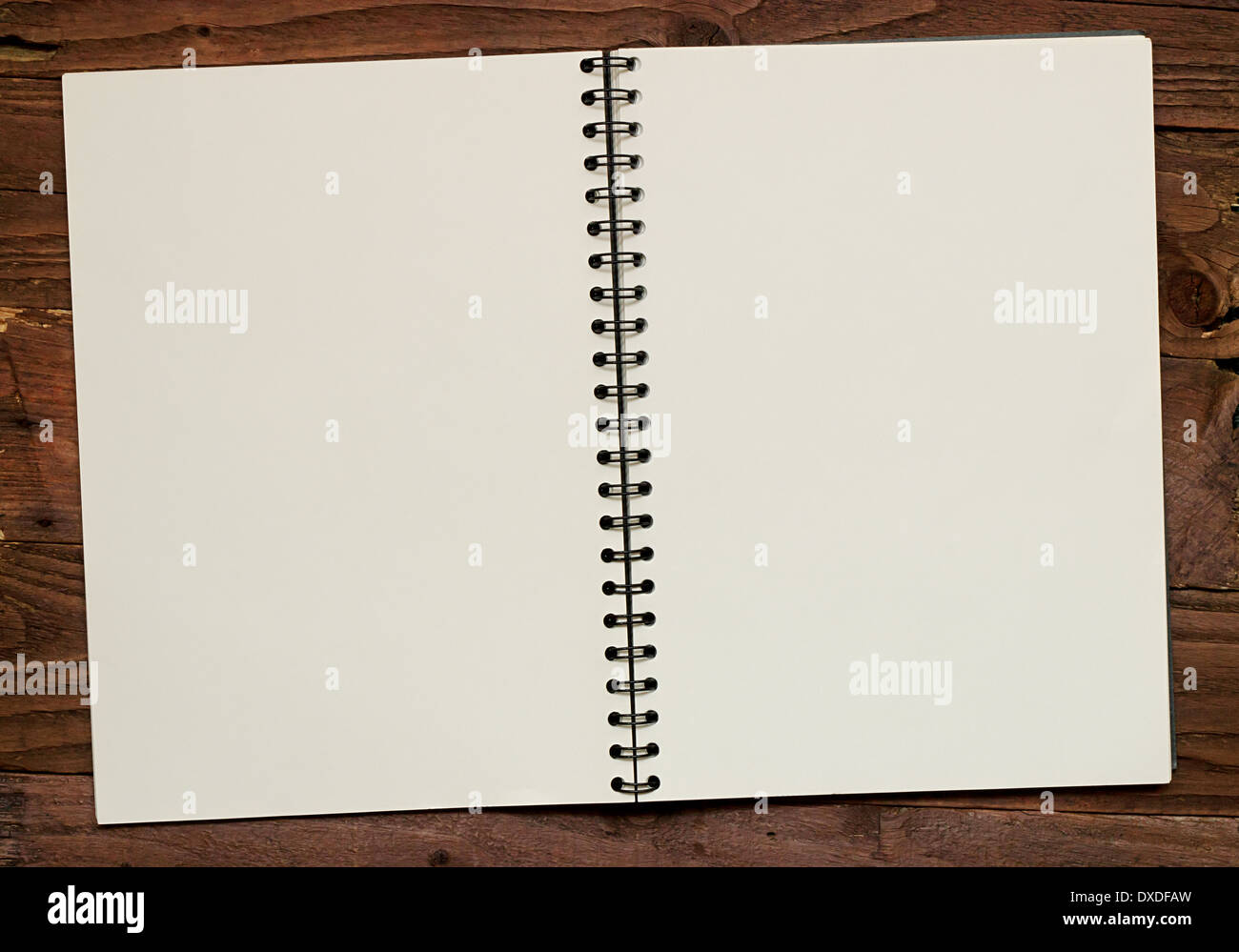 Empty wire bound scrapbook spread open to show blank pages for insertion of your own design elements. Stock Photo