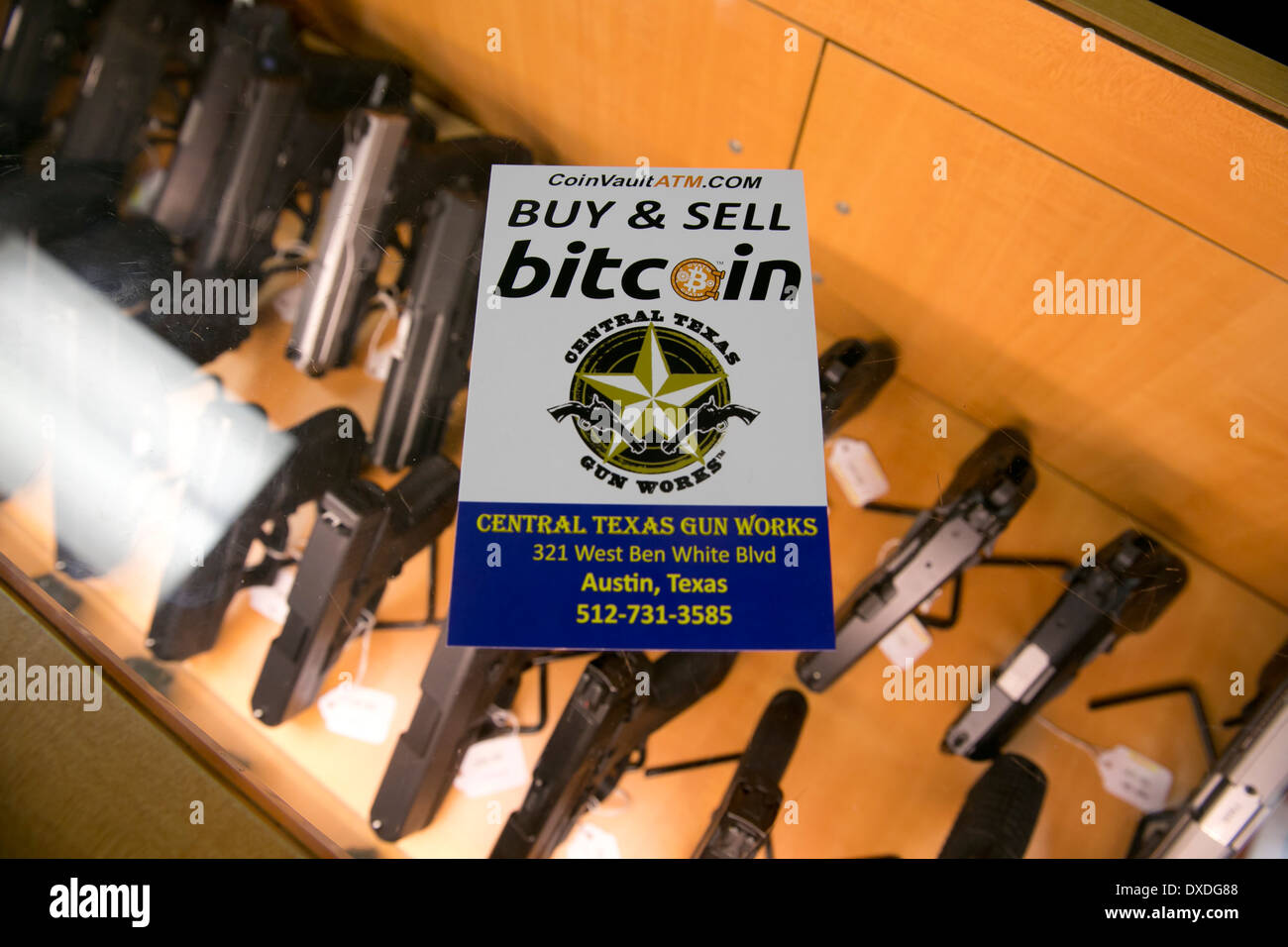 Flyer for gun store in Austin, Texas advertising they accept bitcoin to buy  and sell handguns Stock Photo - Alamy