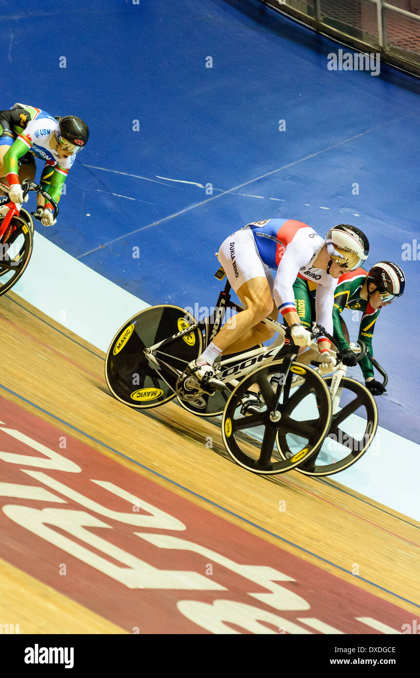 Cyclists racing in Revolution Series meet at the Manchester Velodrome or National Cycling Centre Stock Photo