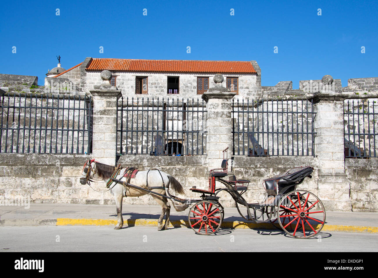 Horse drawn tourist carriage outside Castillo de la Real Fuerza Old Havana Cuba Stock Photo