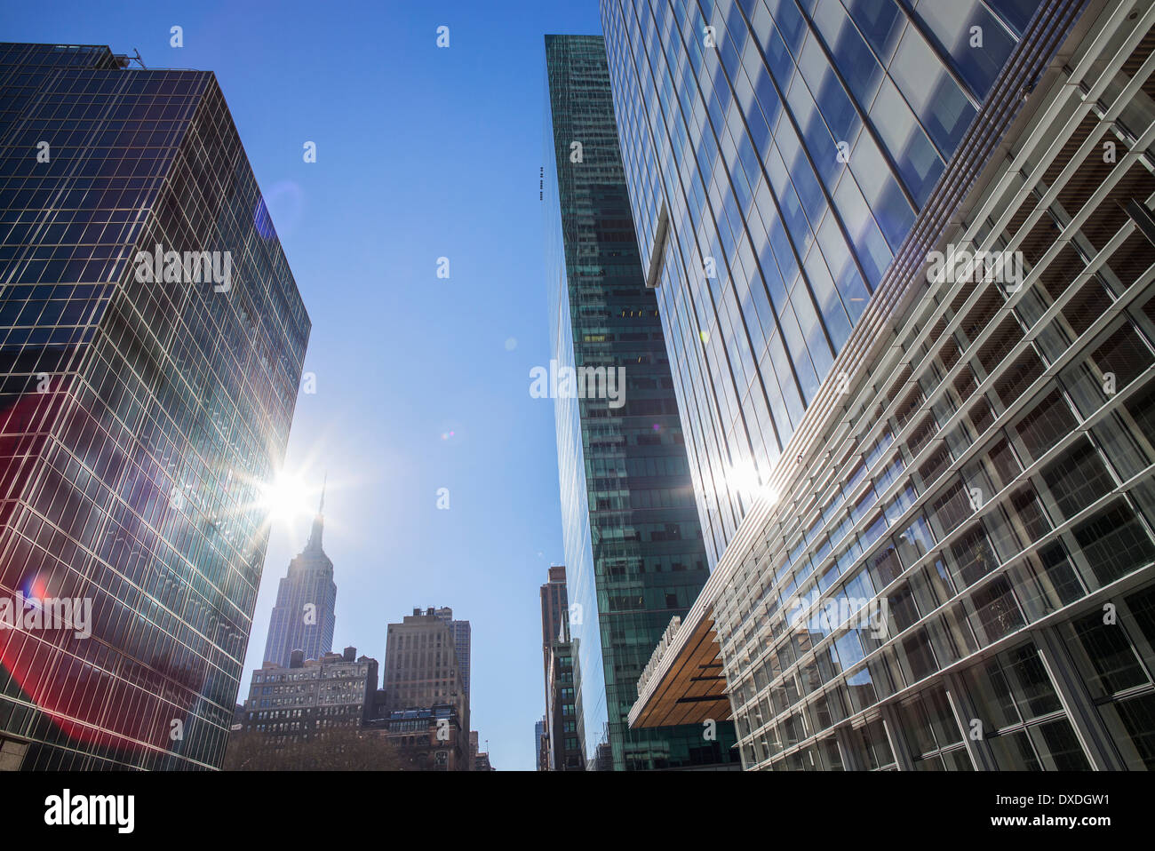 Skyscrapers with solar flare, New York City, USA Stock Photo