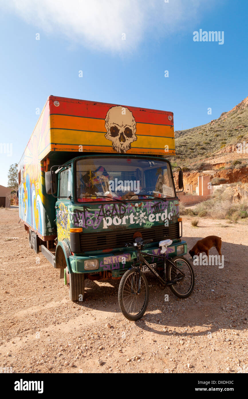 A lorry painted in psychedelic colors typical of the hippie lifestyle, Spain, Europe Stock Photo