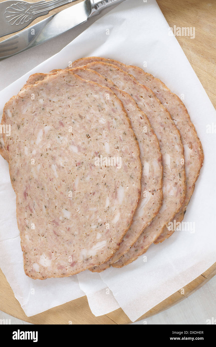 Haslet a pork offal and herb meatloaf originally from Lincolnshire England Stock Photo