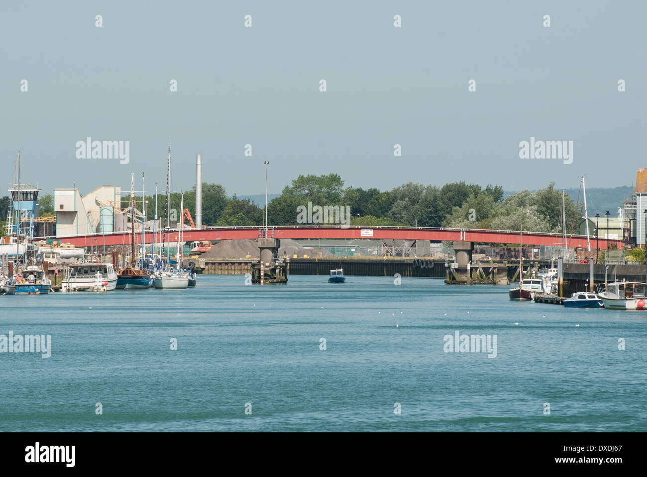 The River Arun and retractable footbridge at Littlehampton in West Sussex on the south coast of England. Stock Photo