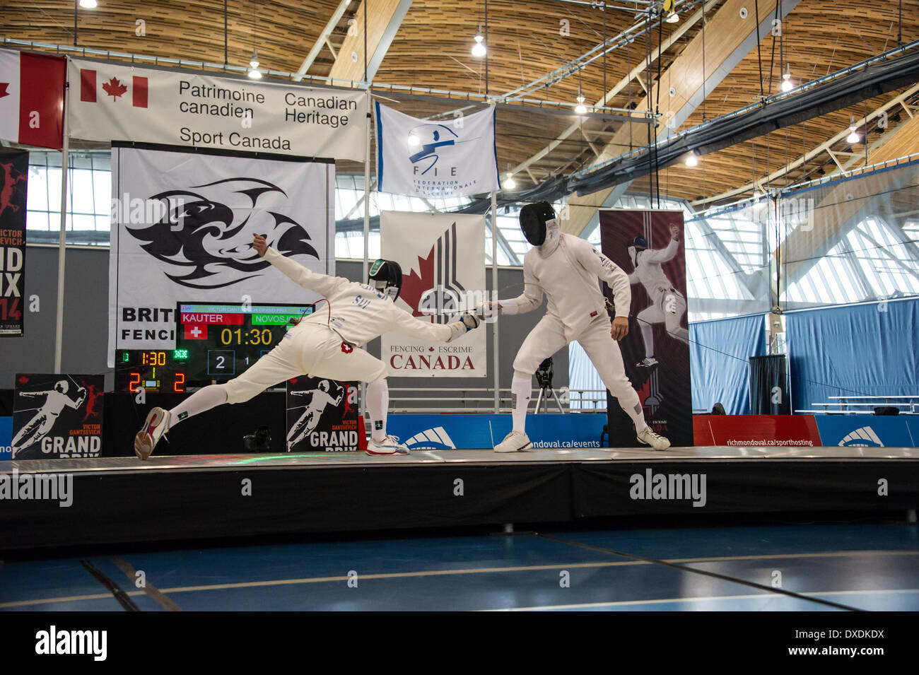 Final round with KAUTER (SUI) and NOVOSJOLOV (EST) at Vancouver Men's 2014 Grand Prix of Epee at Richmond Olympic Oval Richmond , British Columbia Canada on March 23  2014 . Photographer : Frank Pali Stock Photo