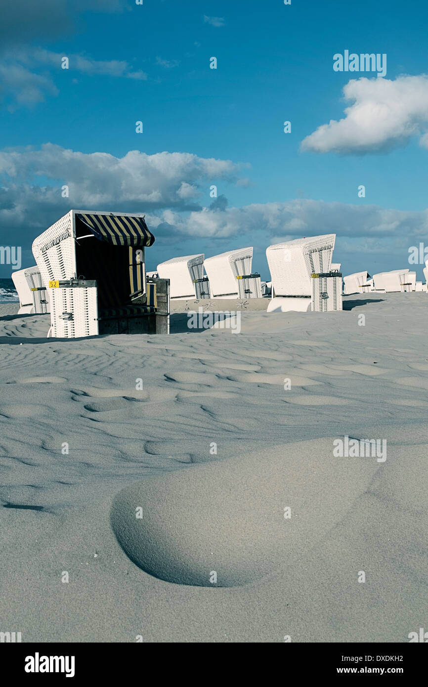Beach Chairs on Beach, Wangerooge, East Frisian Islands, Lower Saxony, Germany Stock Photo