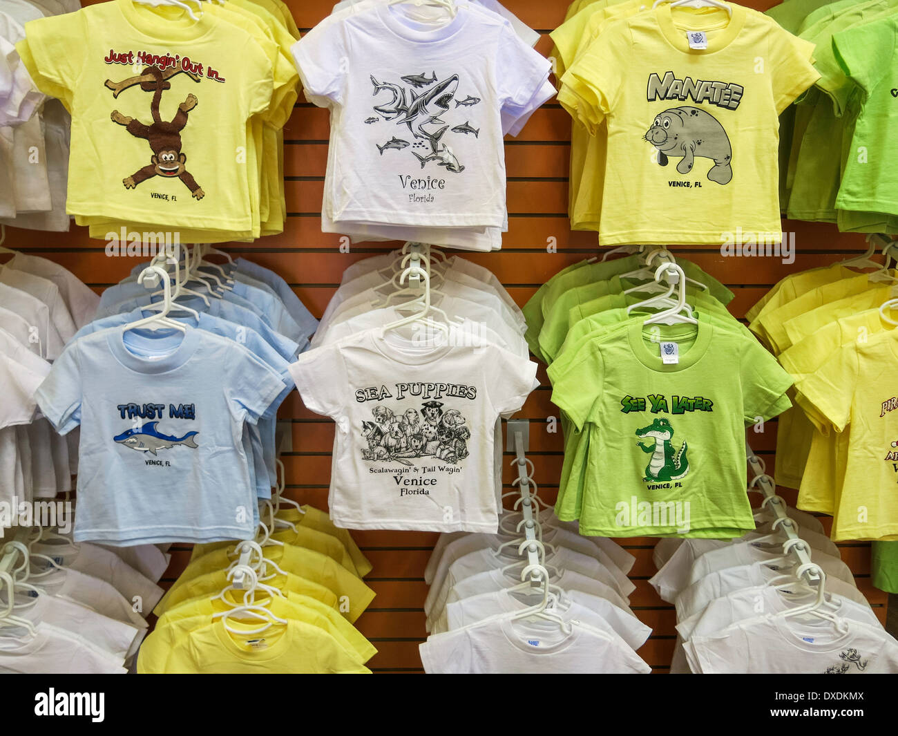 Souvenir T-shirts Hanging in Venice, Florida Shop Stock Photo
