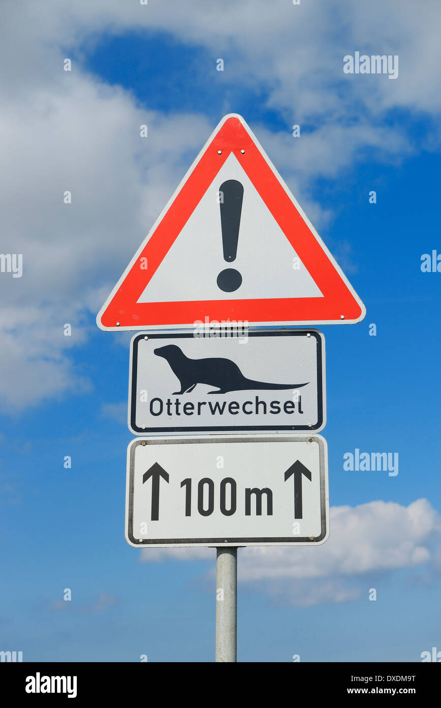Otter Crossing Sign, Fischland-Darss-Zingst, Mecklenburg-Western Pomerania, Germany Stock Photo