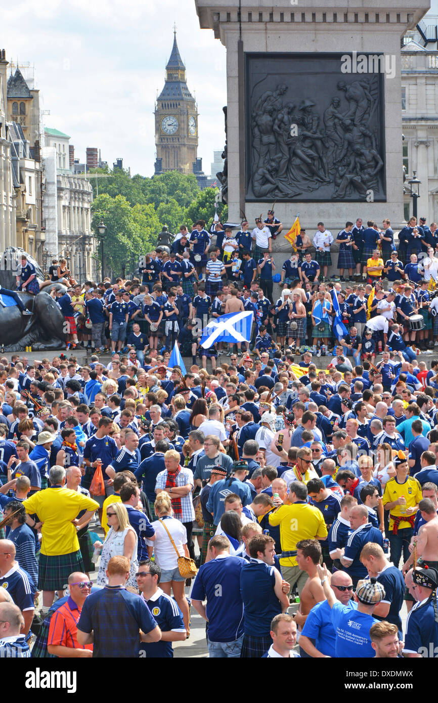 Scotland football fans gathering in Trafalgar Square prior to an international match at Wembley Stock Photo