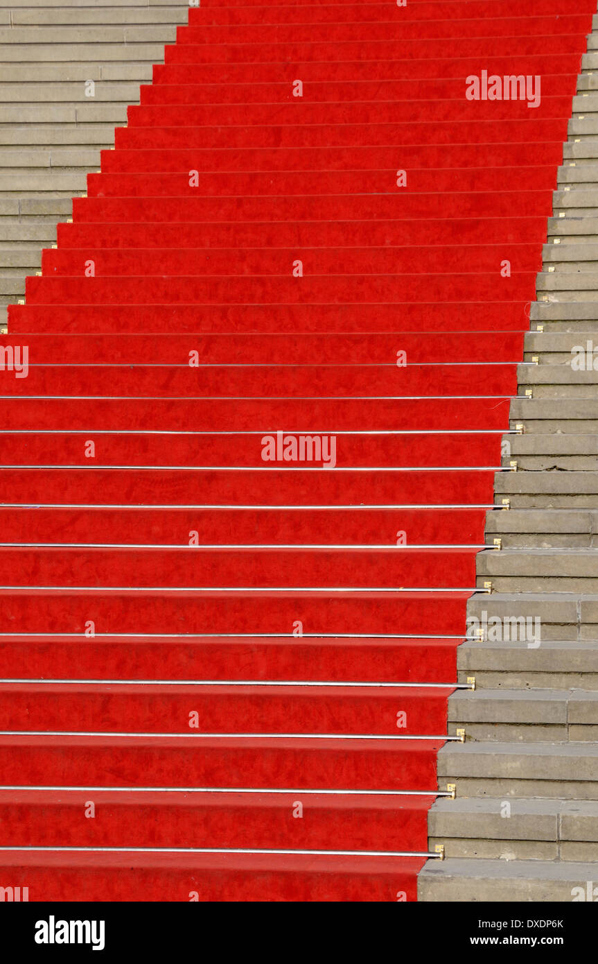 Red carpet on stairs, Berlin, Germany Stock Photo