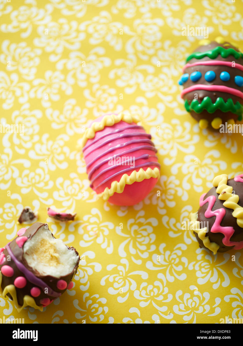 Decorated Easter eggs on floral background, studio shot Stock Photo