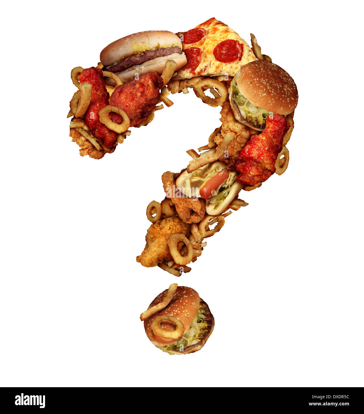 Fast food questions concept and diet worries with greasy fried restaurant take out as onion rings burger and hot dogs with fried chicken french fries and pizza shaped as a question mark for dieting uncertainty and unhealthy nutrition. Stock Photo